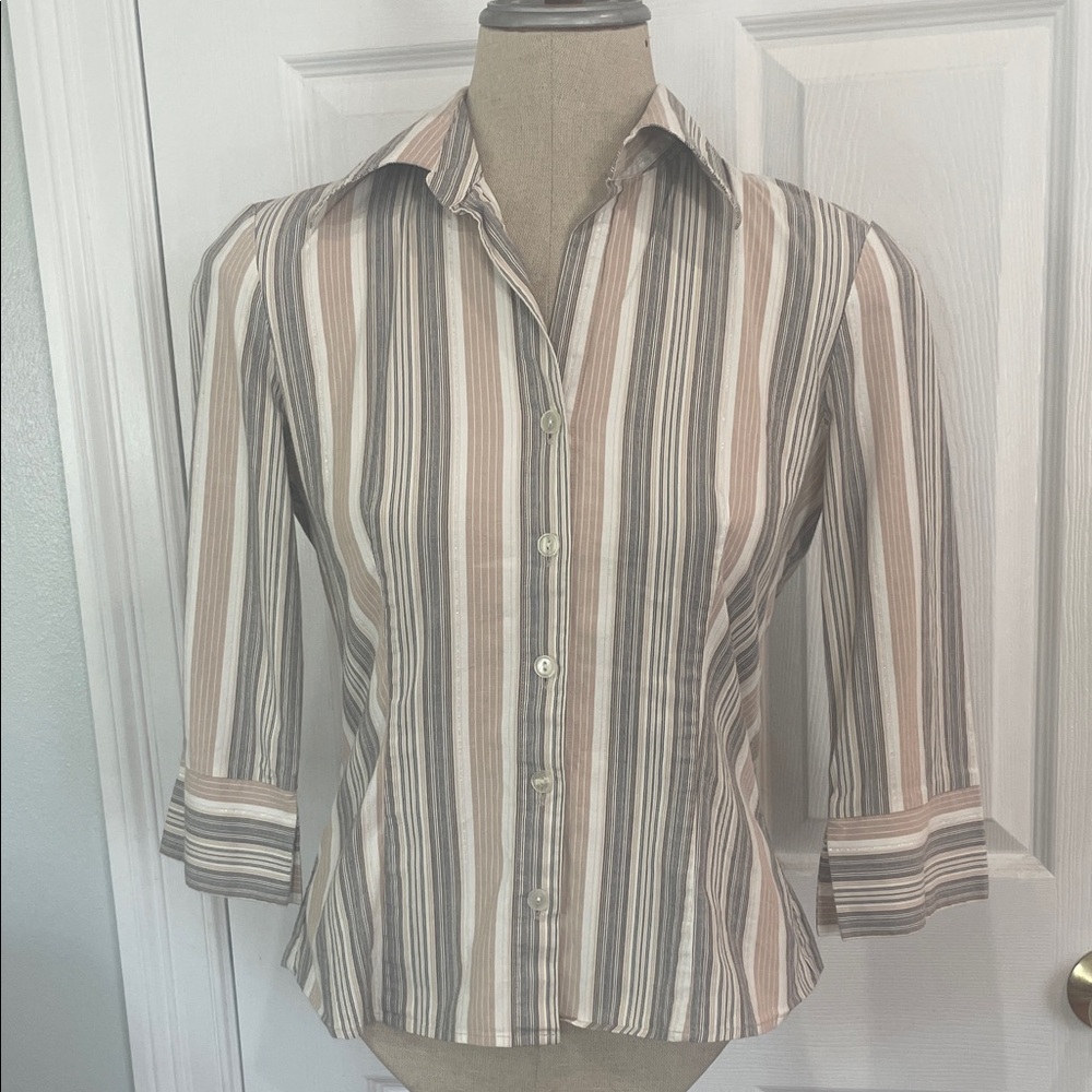 Vintage I.N. Striped Button-Down Shirt Neutral metallic cotton stretch size M